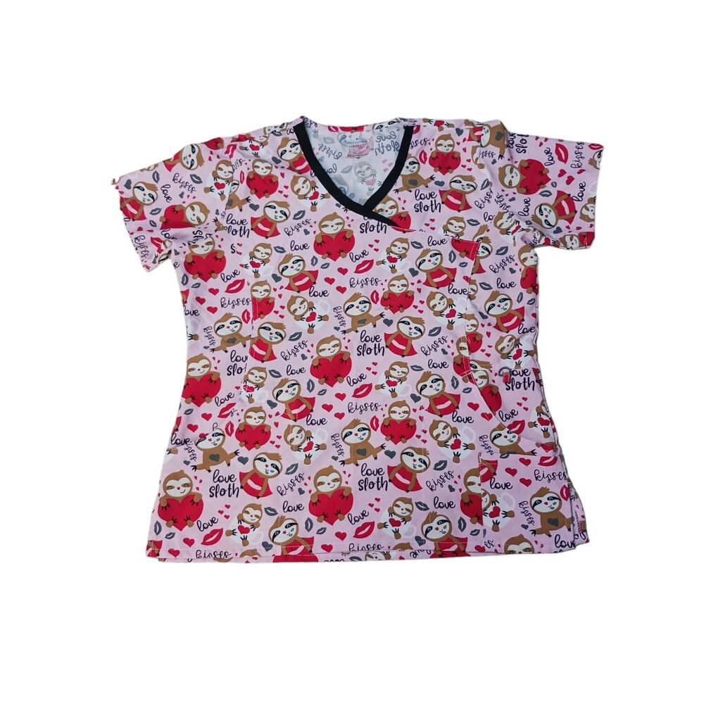 Scrubaid Sloth & Hearts Medical Nursing Top 4 Way Stretch Size XL Pink V Neck